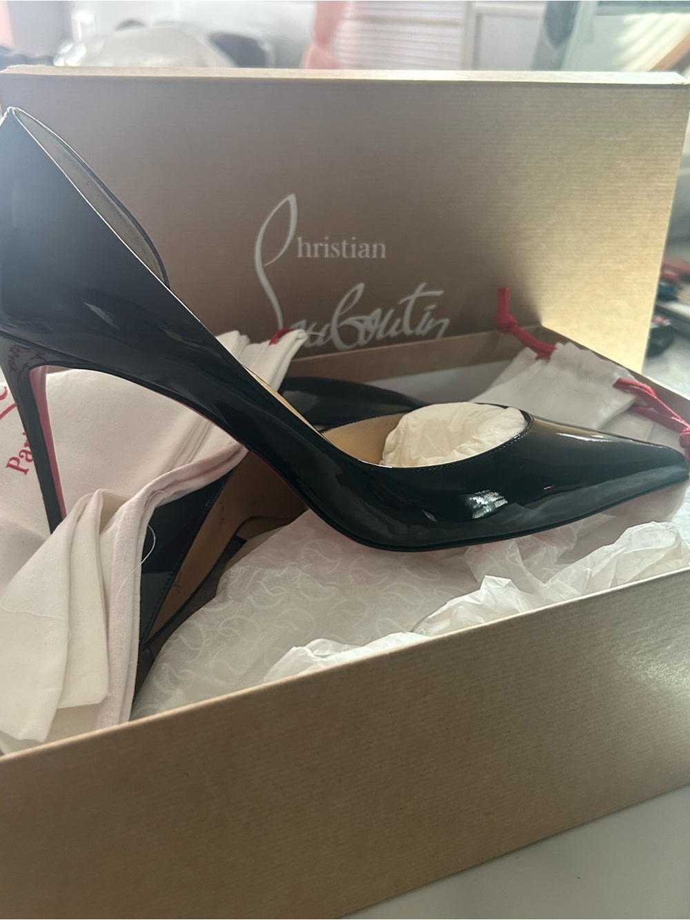Christian Louboutin Black Patent Pointed Toe Pumps with Red Soles